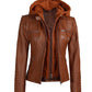 Helen tan Leather Jacket with Removable Hood for Women