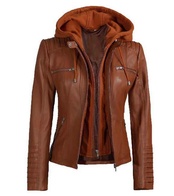 Helen tan Leather Jacket with Removable Hood for Women