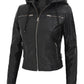 Joan Black Leather Jacket With Hood for Women
