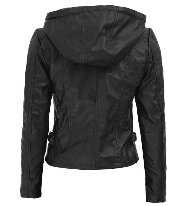 Joan Black Leather Jacket With Hood for Women