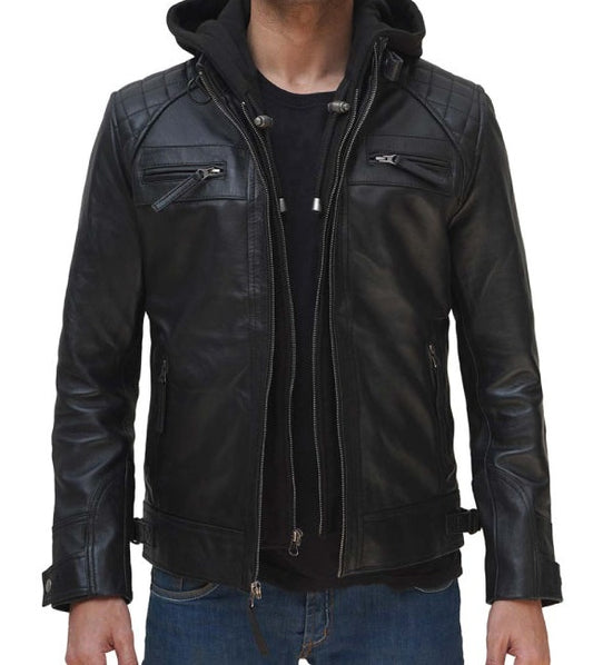 Johnson Black Leather Jacket With Removable Hood for Men