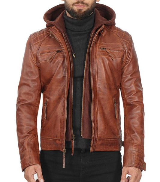 Johnson Brown Leather Jacket With Removable Hood for Men