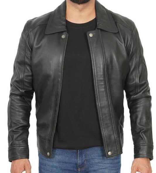 Keaton Vintage Shirt Collar Black Leather Jacket for Men