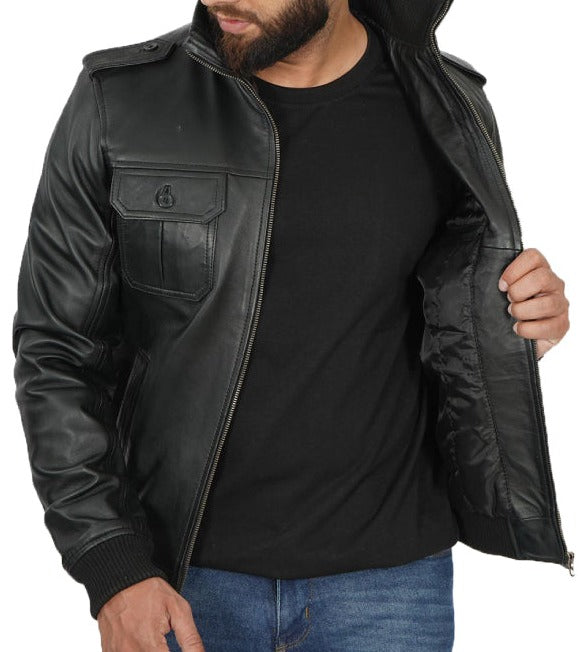 Kemble Black Vintage Leather Bomber Jacket for Men