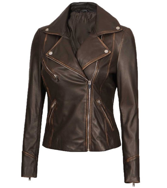 Kirsten Ruboff Brown Vintage Biker Leather Jacket for Women