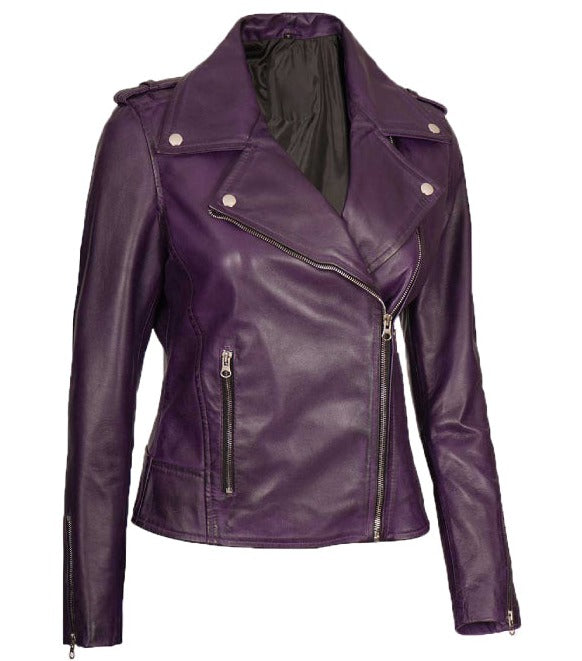 Kristen Purple Asymmetrical Motorcycle Jacket for Women