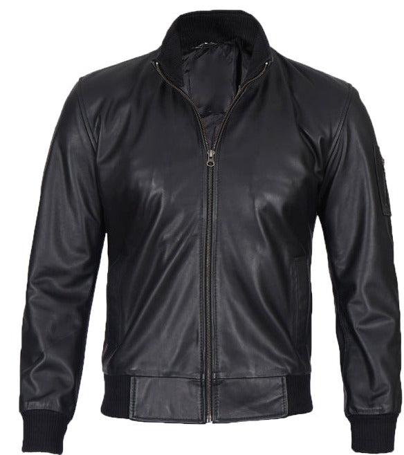 Black Cowhide Leather Bomber Jacket for Men