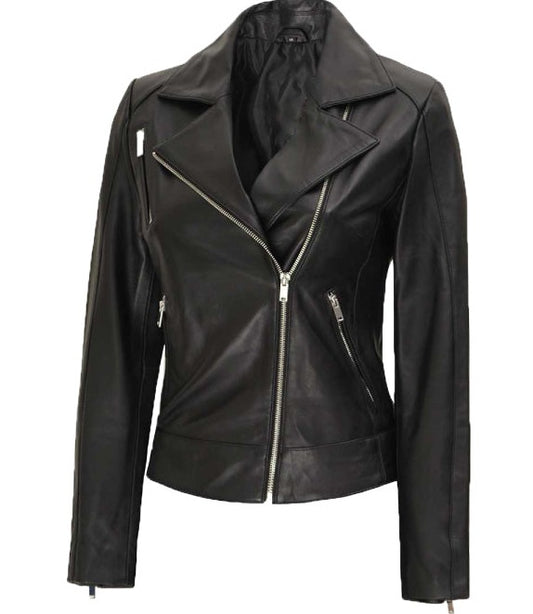 Linda Asymmetrical Black Leather Moto Jacket for Women
