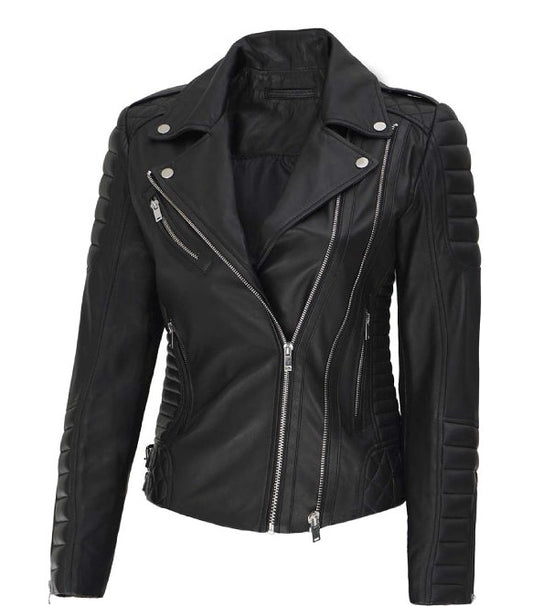 Lucille Black Quilted Asymmetrical Leather Biker Jacket for Women