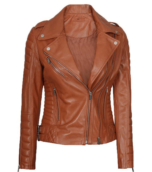 Lucille Tan Quilted Asymmetrical Leather Biker Jacket for Women