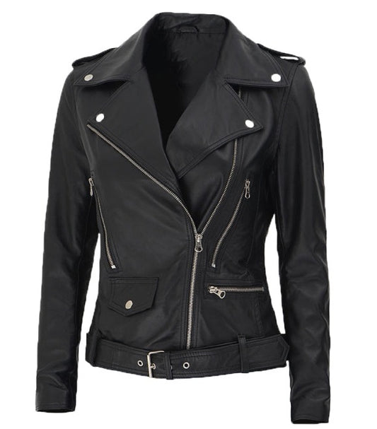 Women Asymmetrical Black Leather Moto Jacket