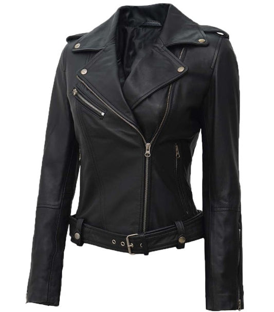 Margaret Womens Black Asymmetrical Leather Biker Jacket