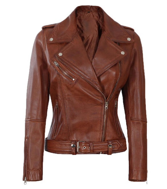 Margaret Womens Cognac Asymmetrical Leather Biker Jacket