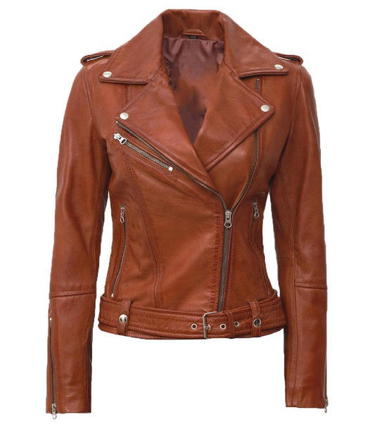 Margaret Womens Tan Asymmetrical Leather Biker Jacket