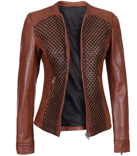 Maude Brown Textured Leather Jacket for Women