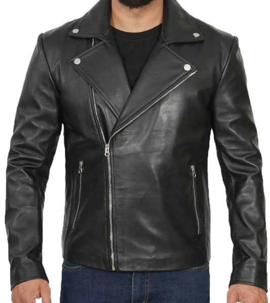 Men's Asymmetrical Biker Leather Jacket Black