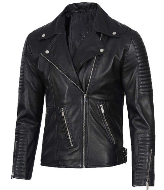 Mens Asymmetrical Black Leather Moto Jacket