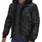 Men's Black Leather Bomber Jacket With Removable Hood