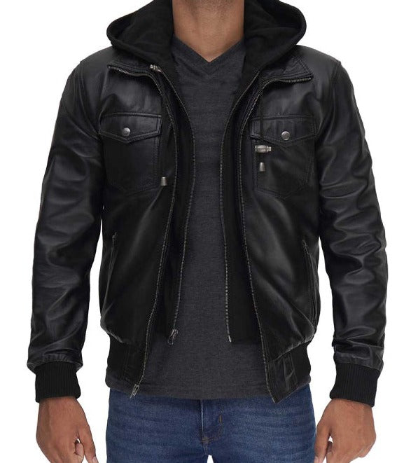 Men's Black Leather Bomber Jacket With Removable Hood
