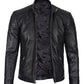 Mens Black Leather Cafe Racer Jacket With Snap Button Collar