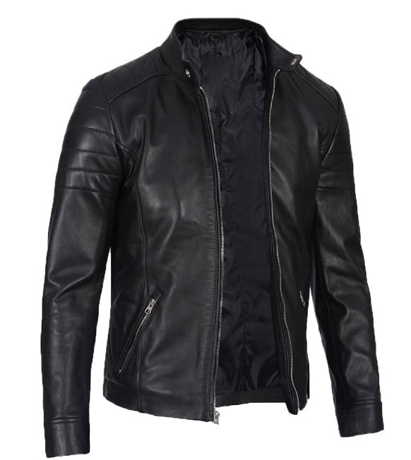 Mens Black Leather Cafe Racer Jacket With Snap Button Collar