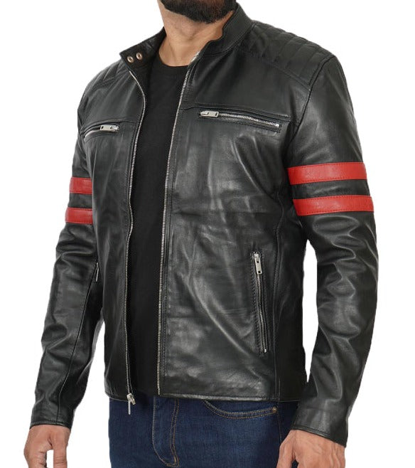 Mens Black Quilted Red Stripe Cafe Racer Leather Motorcycle Jacket