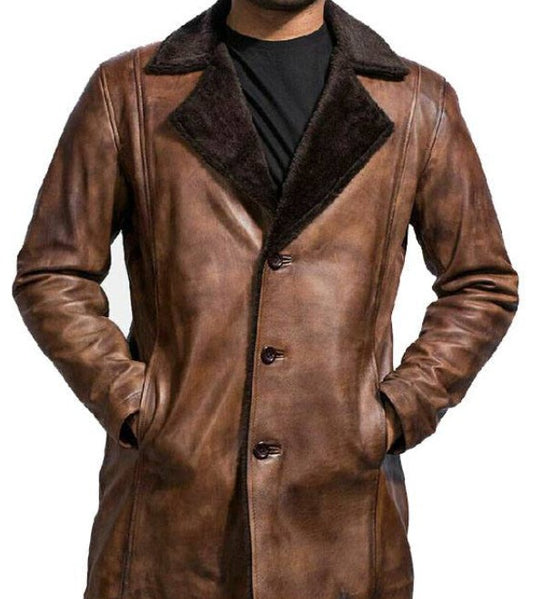 Mens Cinnamon Distressed Leather Fur Coat