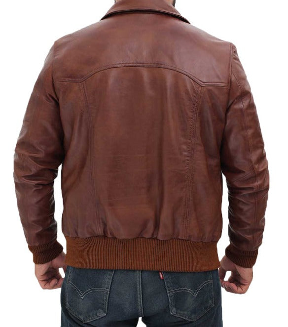 Mens Tan Distressed Bomber Leather Jacket