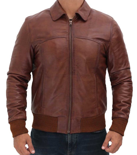 Mens Tan Distressed Bomber Leather Jacket