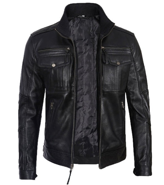 Moffit Black Leather Motorcycle Jacket Men