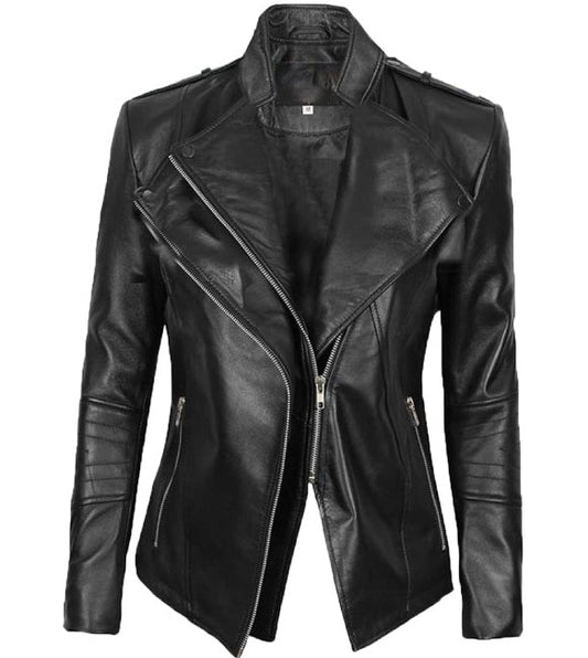 Monica Womens Black Leather Moto Jacket Asymmetrical Fitted Style