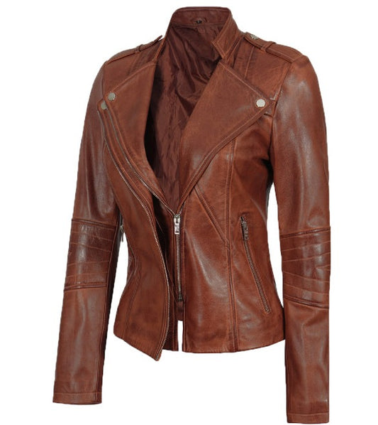 Monica Womens Cognac Fitted Leather Jacket