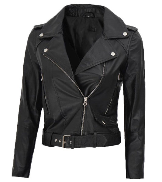 Nellie Black Asymmetrical Cropped Leather Jacket Womens