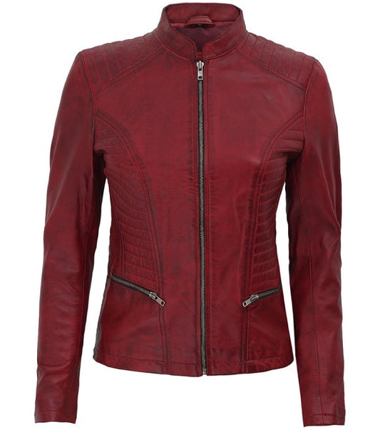 Rachel Women's Maroon Slim Fit Leather Jacket
