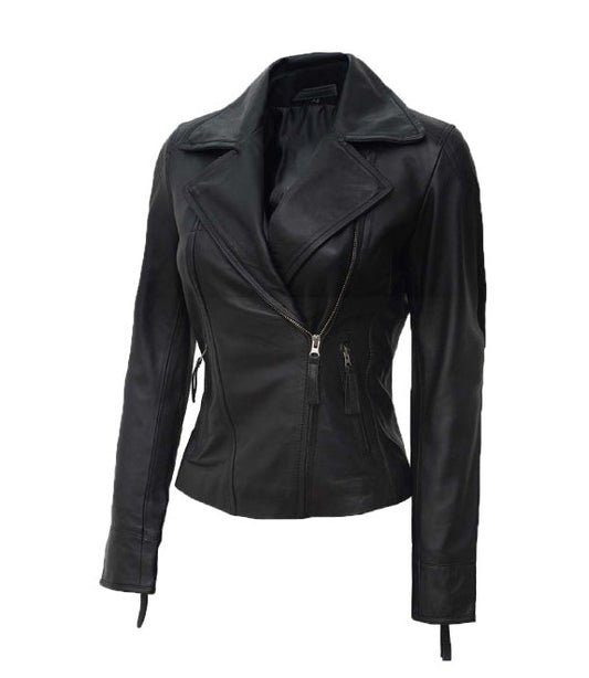 Ramsey Black Asymmetrical Leather Biker Jacket Women