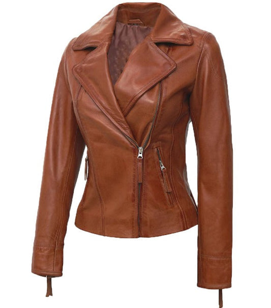 Ramsey Tan Asymmetrical Leather Biker Jacket Women