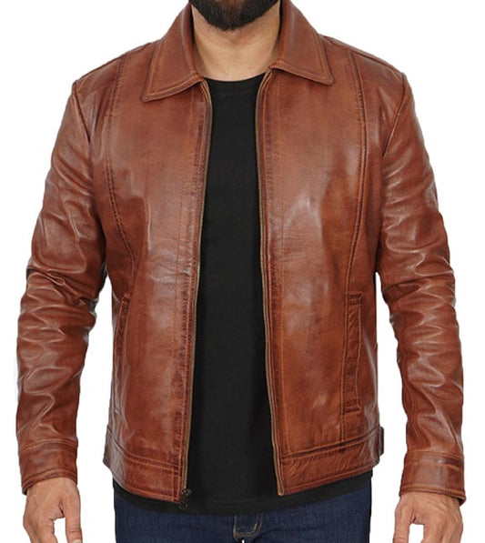 Reeves Black Shirt Collar Vintage Brown Leather Jacket