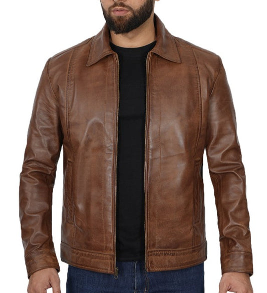 Reeves Black Shirt Collar Vintage Chocolate Brown Leather Jacket
