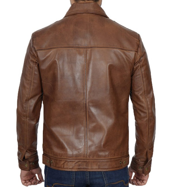 Reeves Black Shirt Collar Vintage Chocolate Brown Leather Jacket