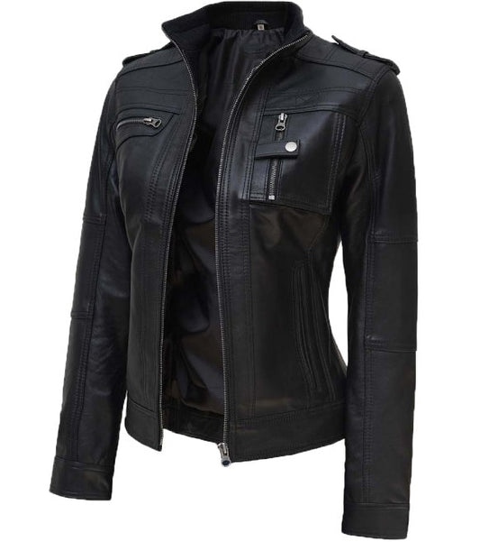 Women Tavares Black Biker Leather Jacket