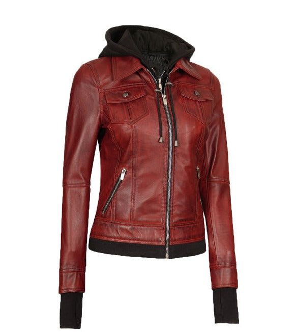 The Celeste Maroon Bomber Jacket With Removable Hood
