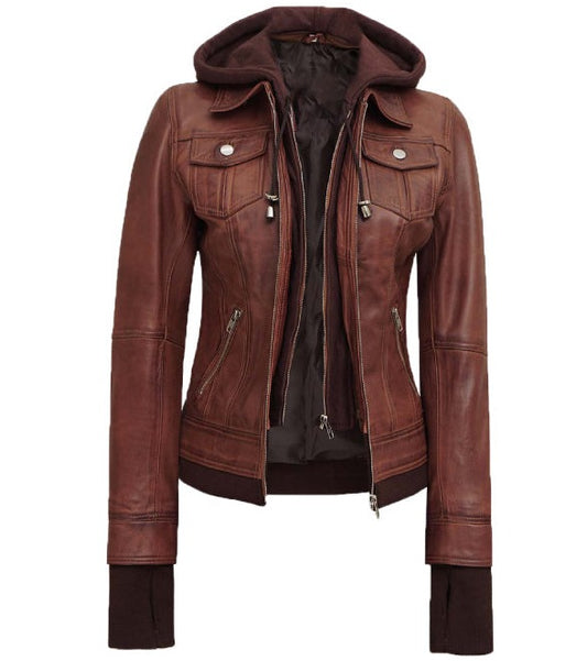 Tralee Dark Brown Bomber Leather Jacket With Removable Hood