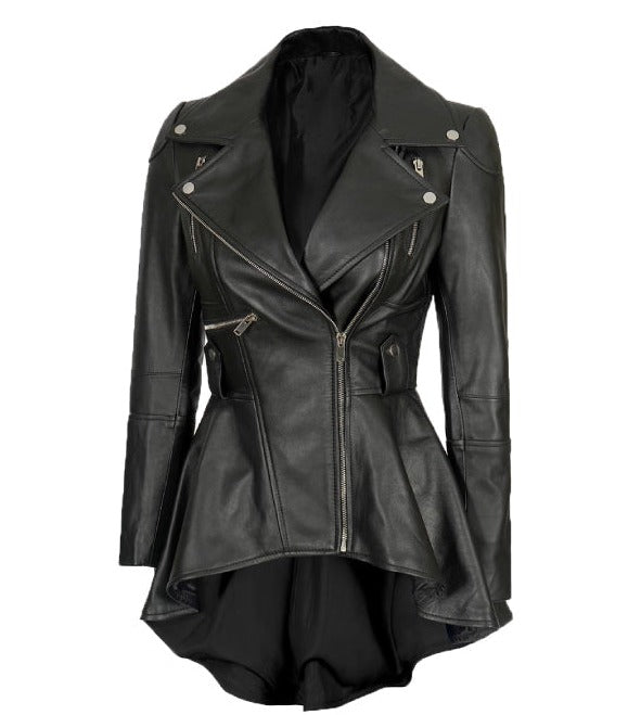 Womens Asymmetrical Black Peplum Leather Jacket