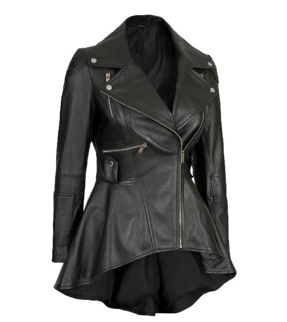 Womens Asymmetrical Black Peplum Leather Jacket