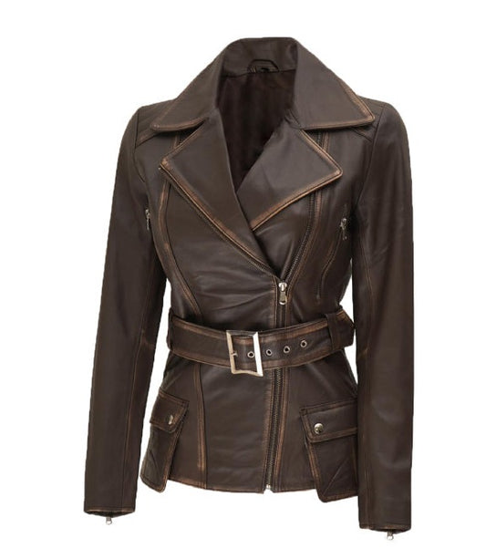 Womens Asymmetrical Distressed Brown Leather Biker Jacket