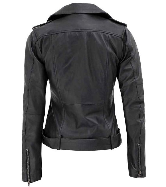 Womens Asymmetrical Leather Motorcycle Jacket With Belted Waist