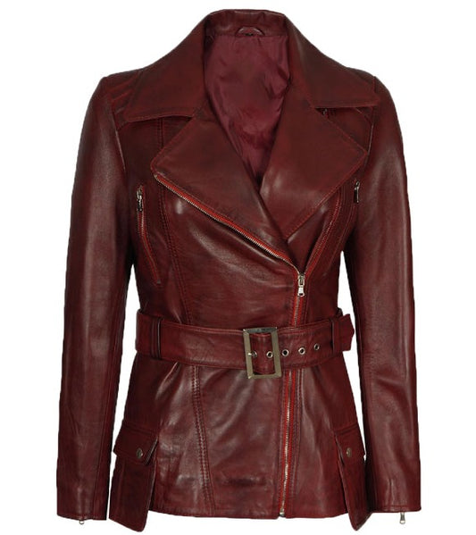 Womens Maroon Asymmetrical Belted Leather Biker Jacket