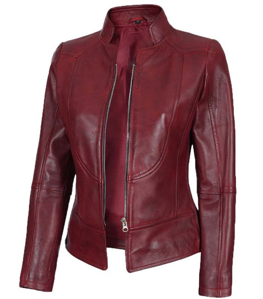 Womens Maroon Slim Fitted Leather Jacket