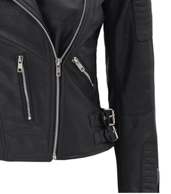 Bari Womens Asymmetrical Black Leather Moto Jacket