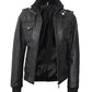 Womens Black Leather Bomber Jacket With Removable Hooded